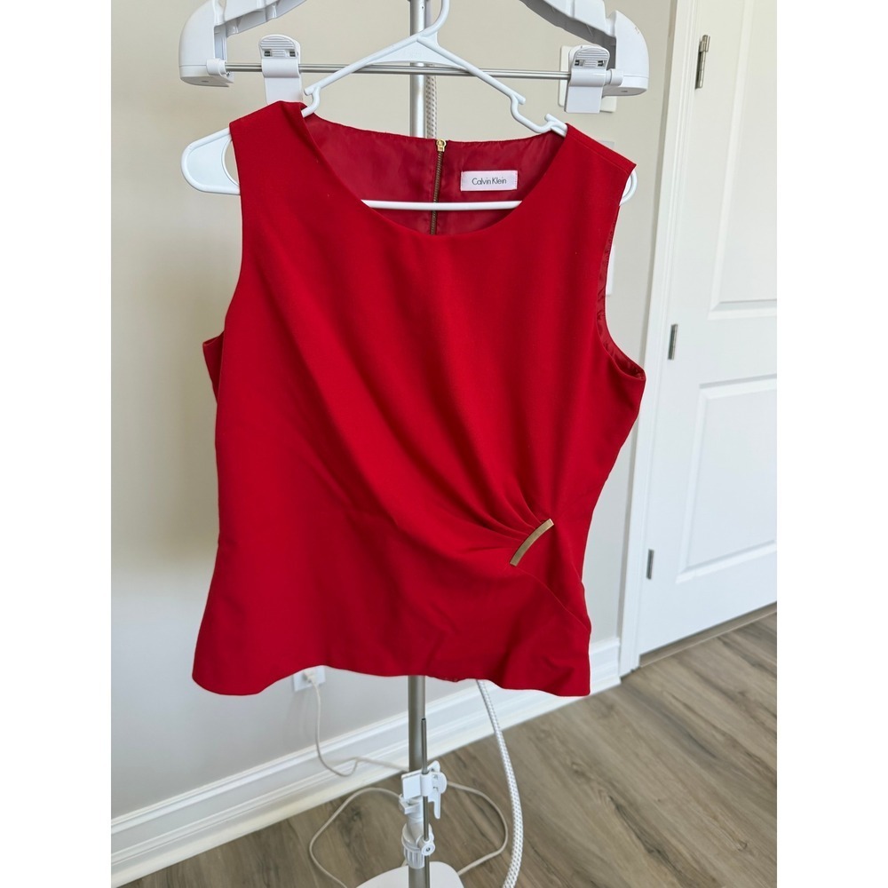 Calvin Klein Sleeveless Top Womens Red Gold Hardware Side Pleat Back Zip Blouse